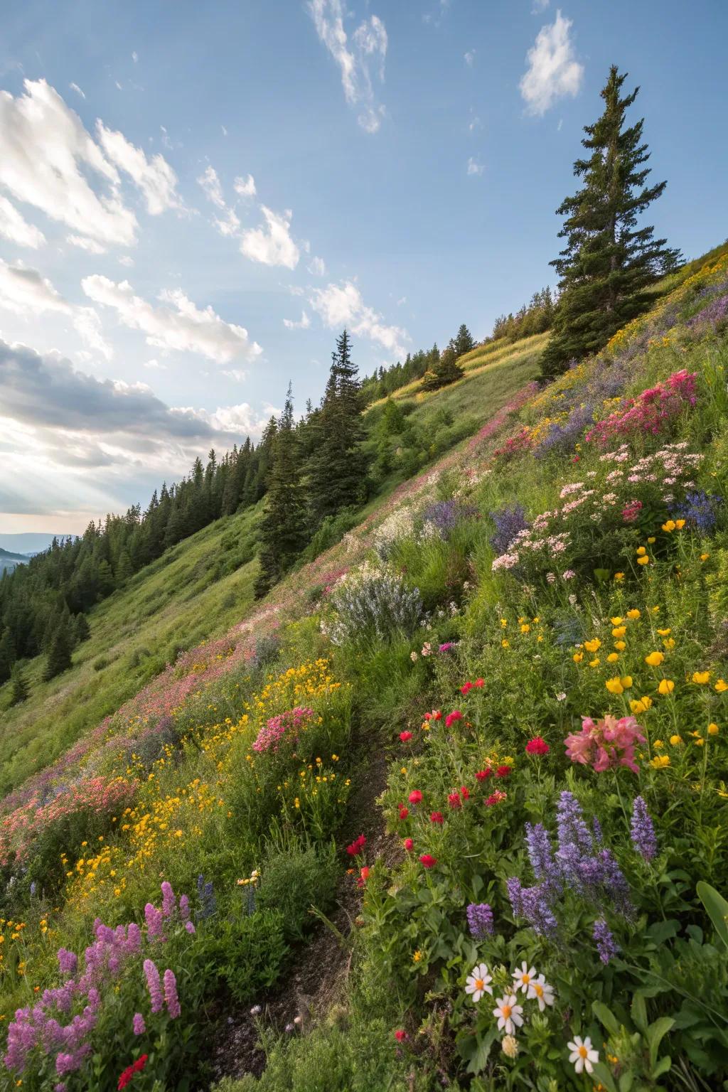 A vibrant combination of untamed blooms and enduring plantings decorates this hillside.