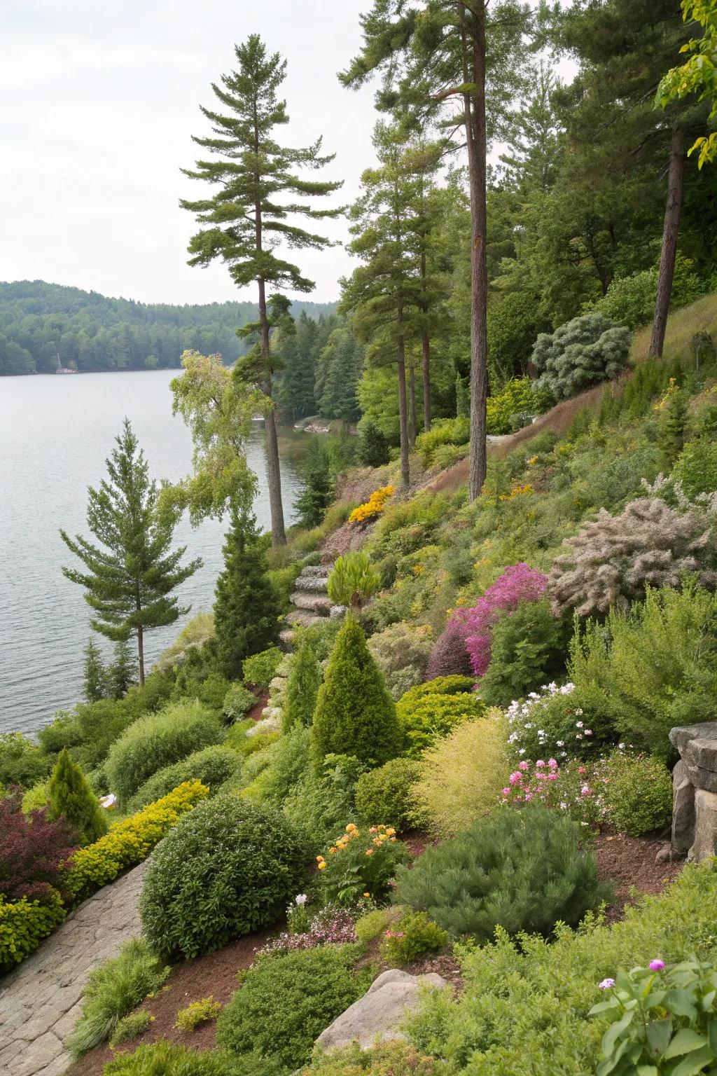 Layers of lush plants create a dynamic lakeside landscape.