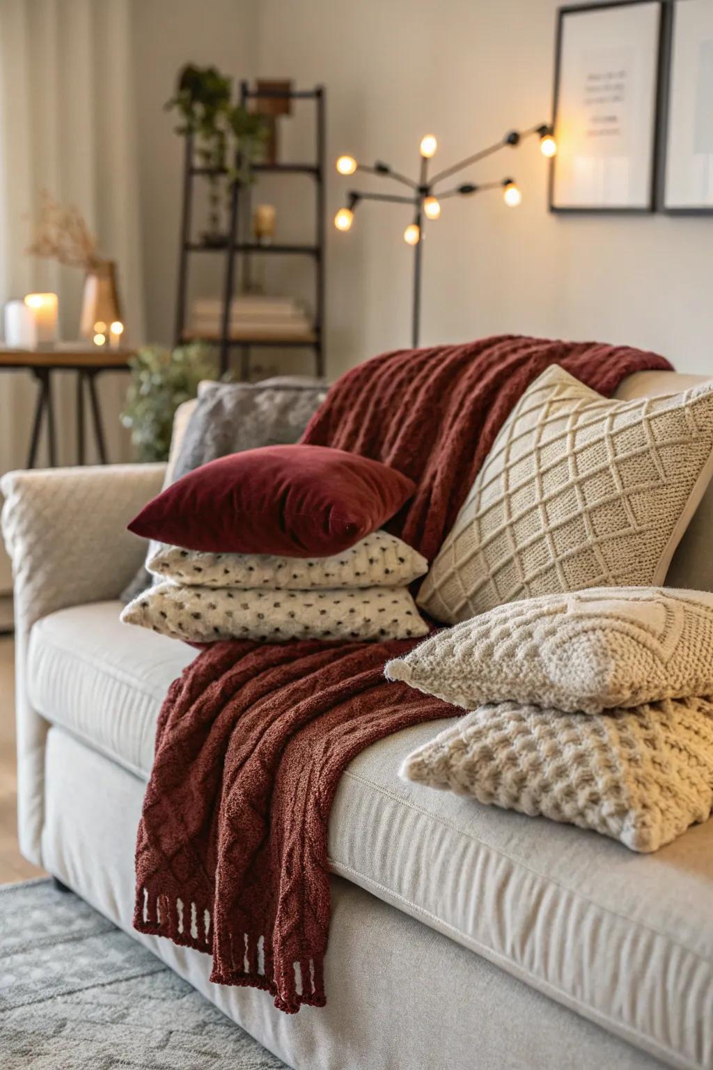 Layered textiles provide warmth and texture.