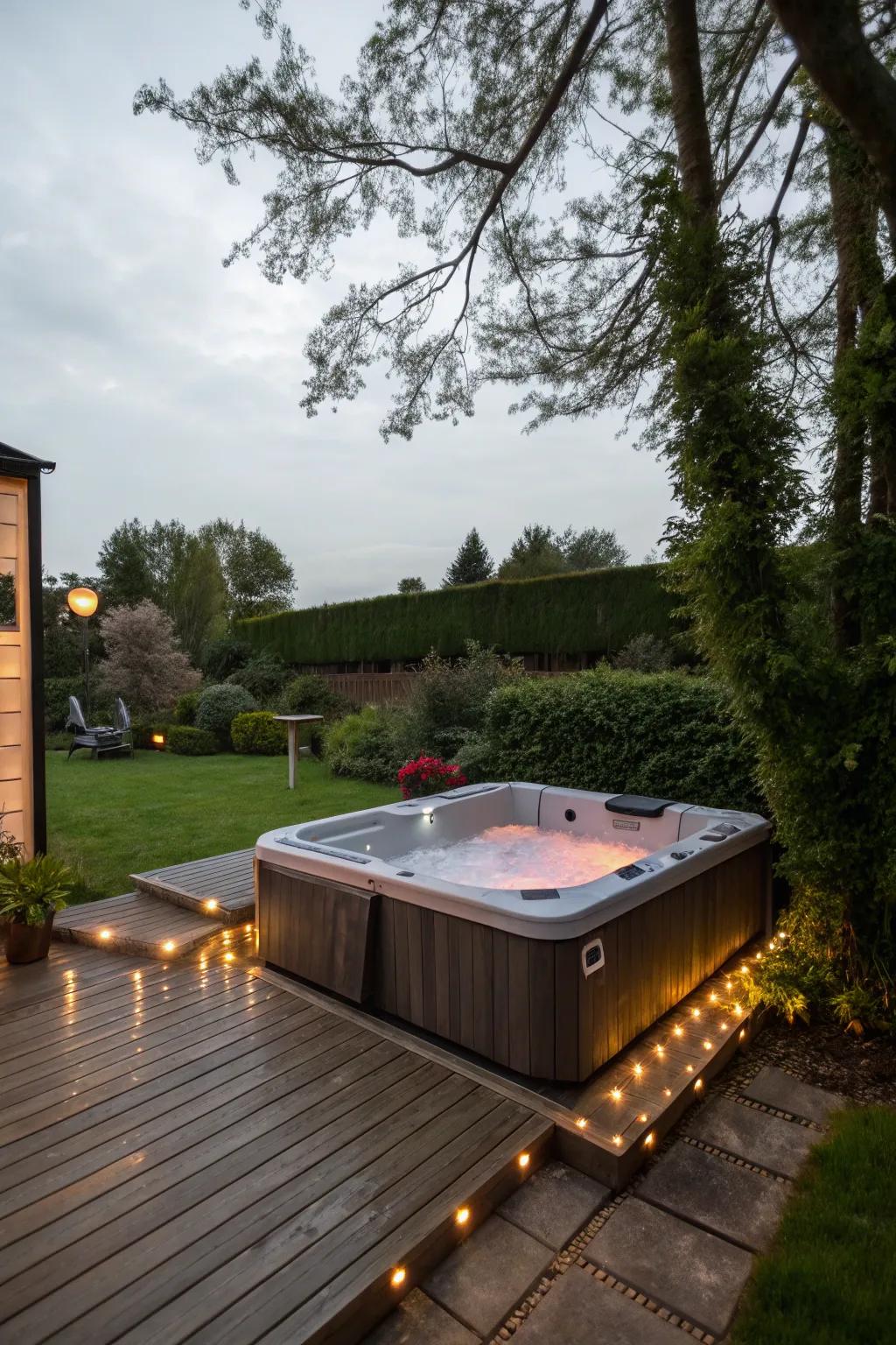 An outdoor hot tub with subtle ambient lighting, ideal for nighttime relaxation.