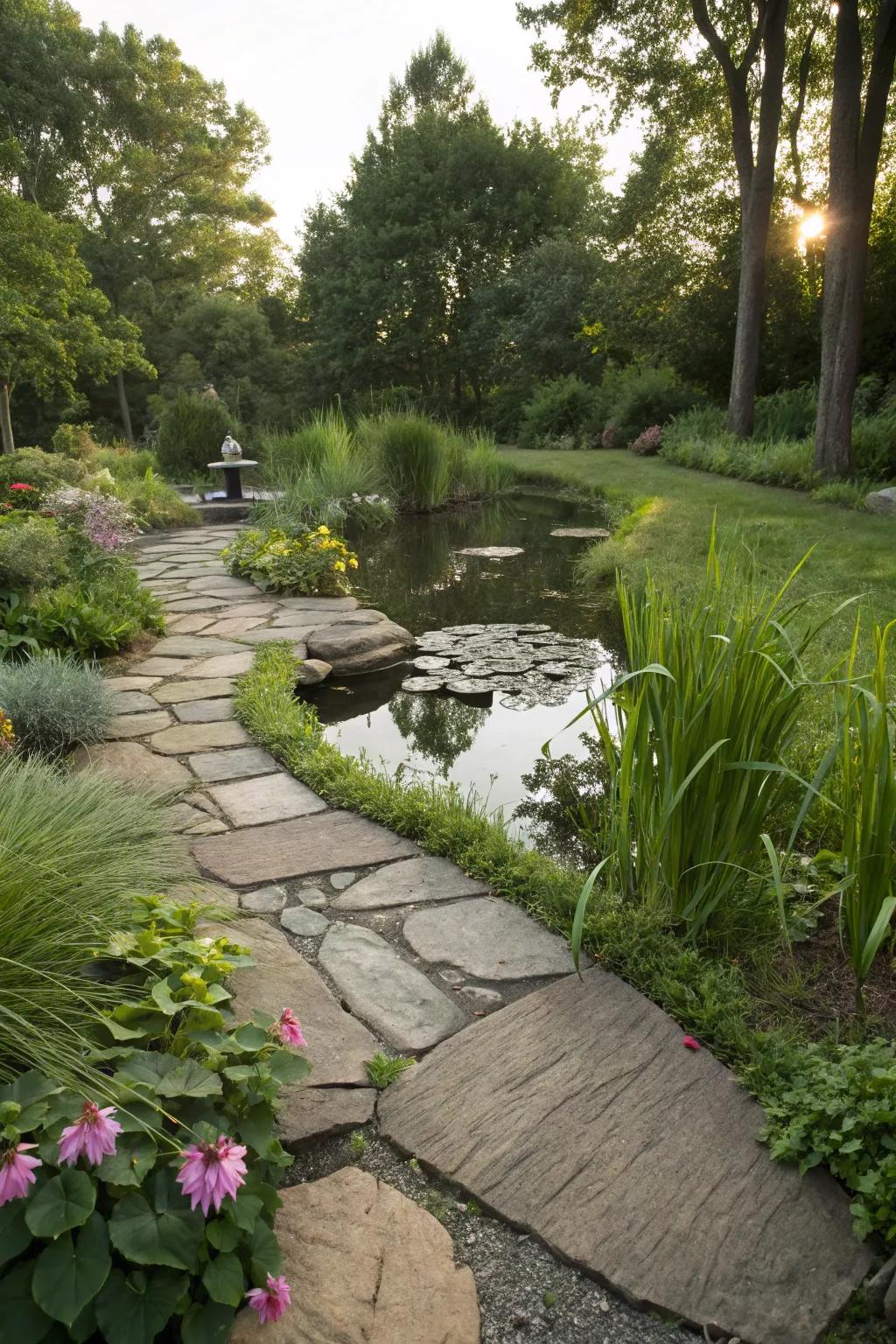 A stone pathway directs visitors to this tranquil pond.