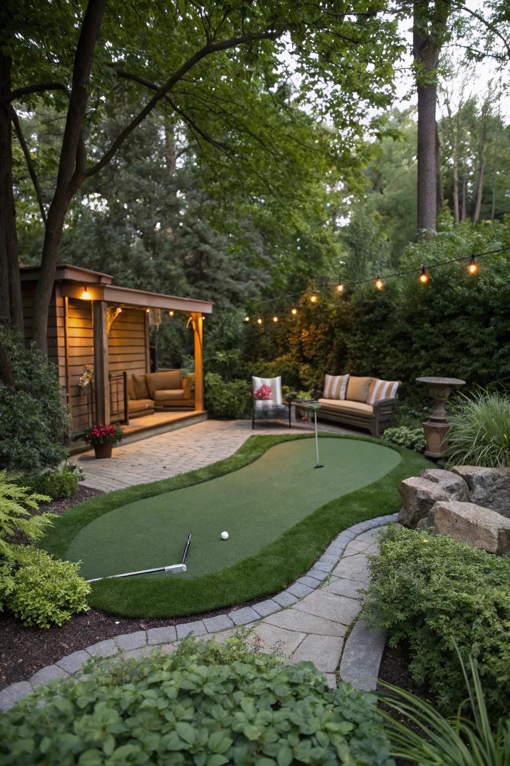 A relaxing seating area next to a backyard putting green.