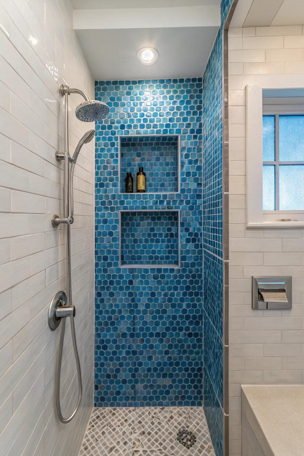 Bold blue tiles establish a stunning focal point in compact bathrooms.