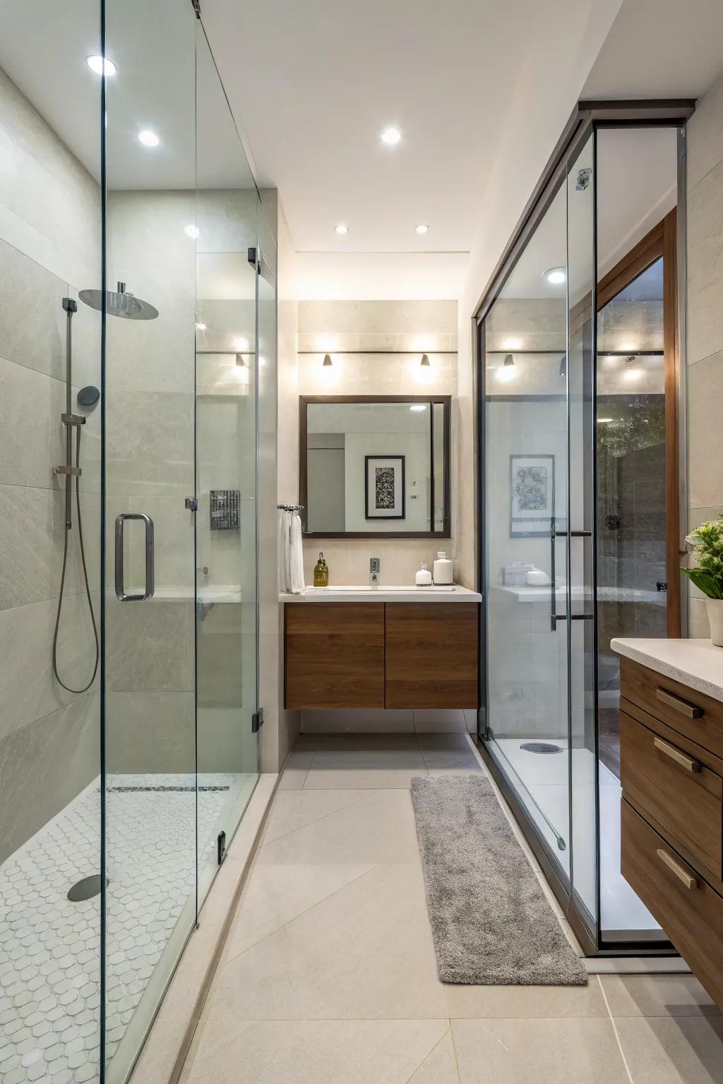 An edgeless glass shower door adds openness to a compact bathroom.