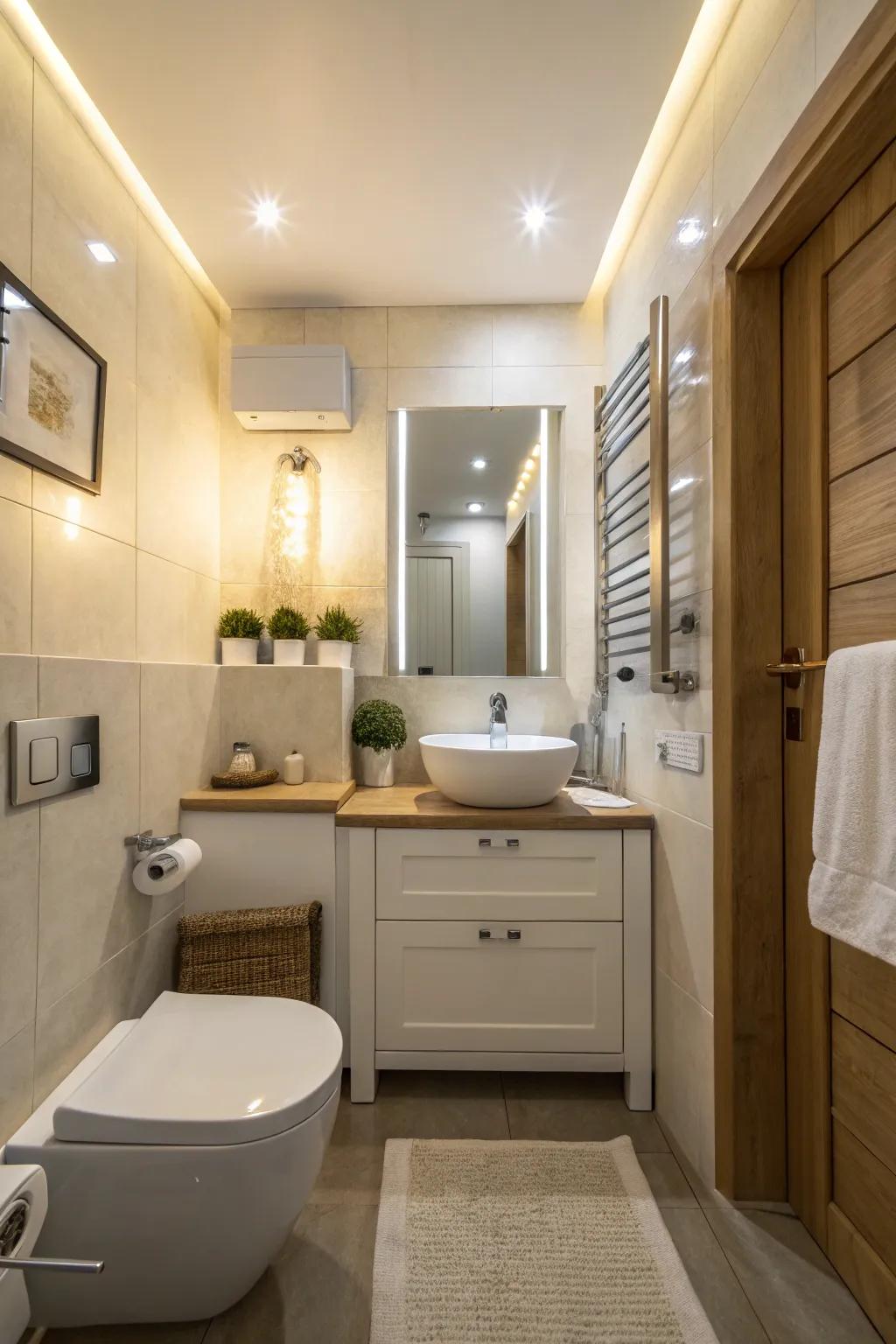Ample illumination enhances the impression of space in tiny bathrooms.