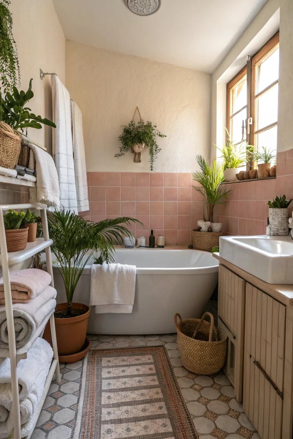 Radiant illumination enhances the ambiance of a small bathroom.