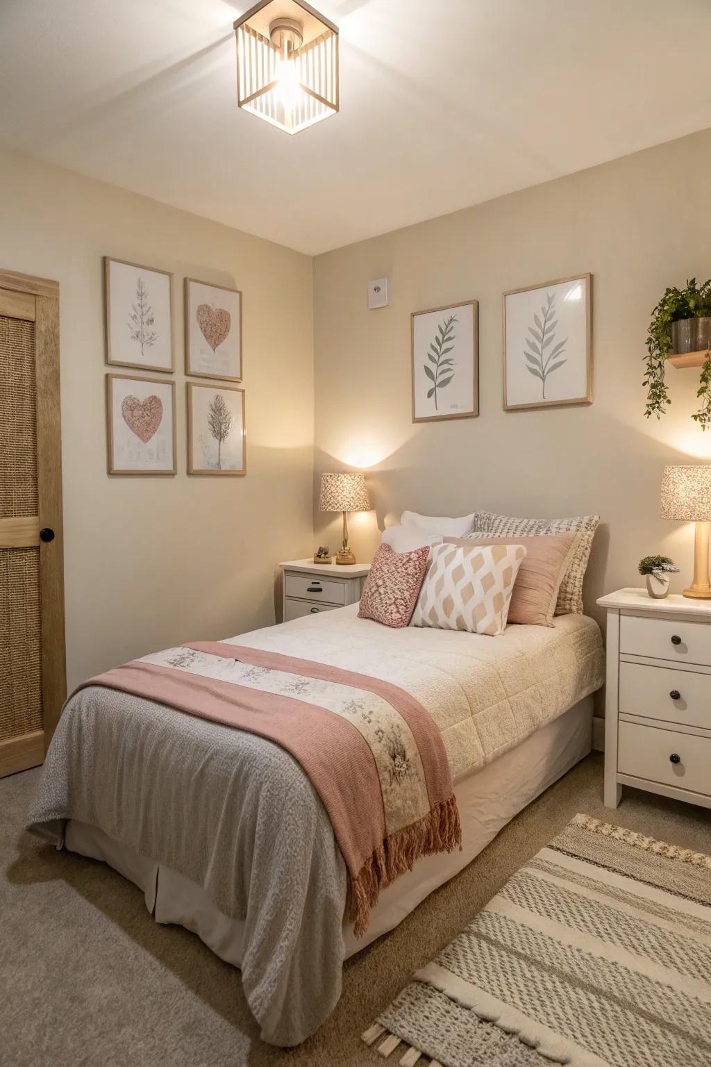 A small bedroom showcasing a soft, neutral color palette to amplify the sensation of spaciousness.