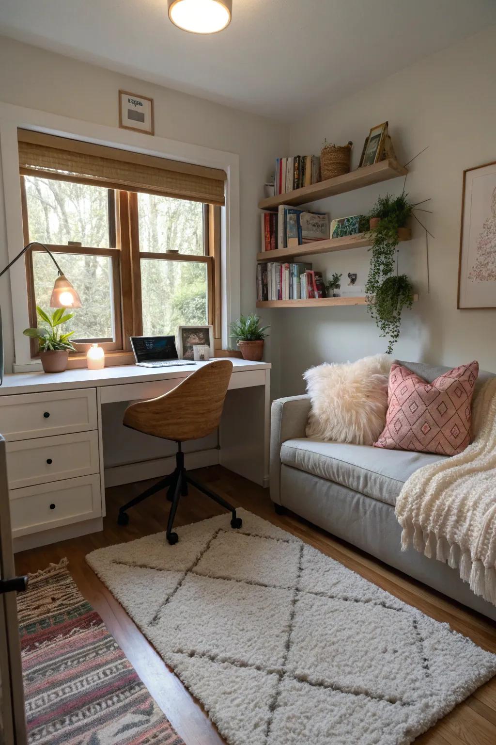 Comfortable textiles create an inviting atmosphere.