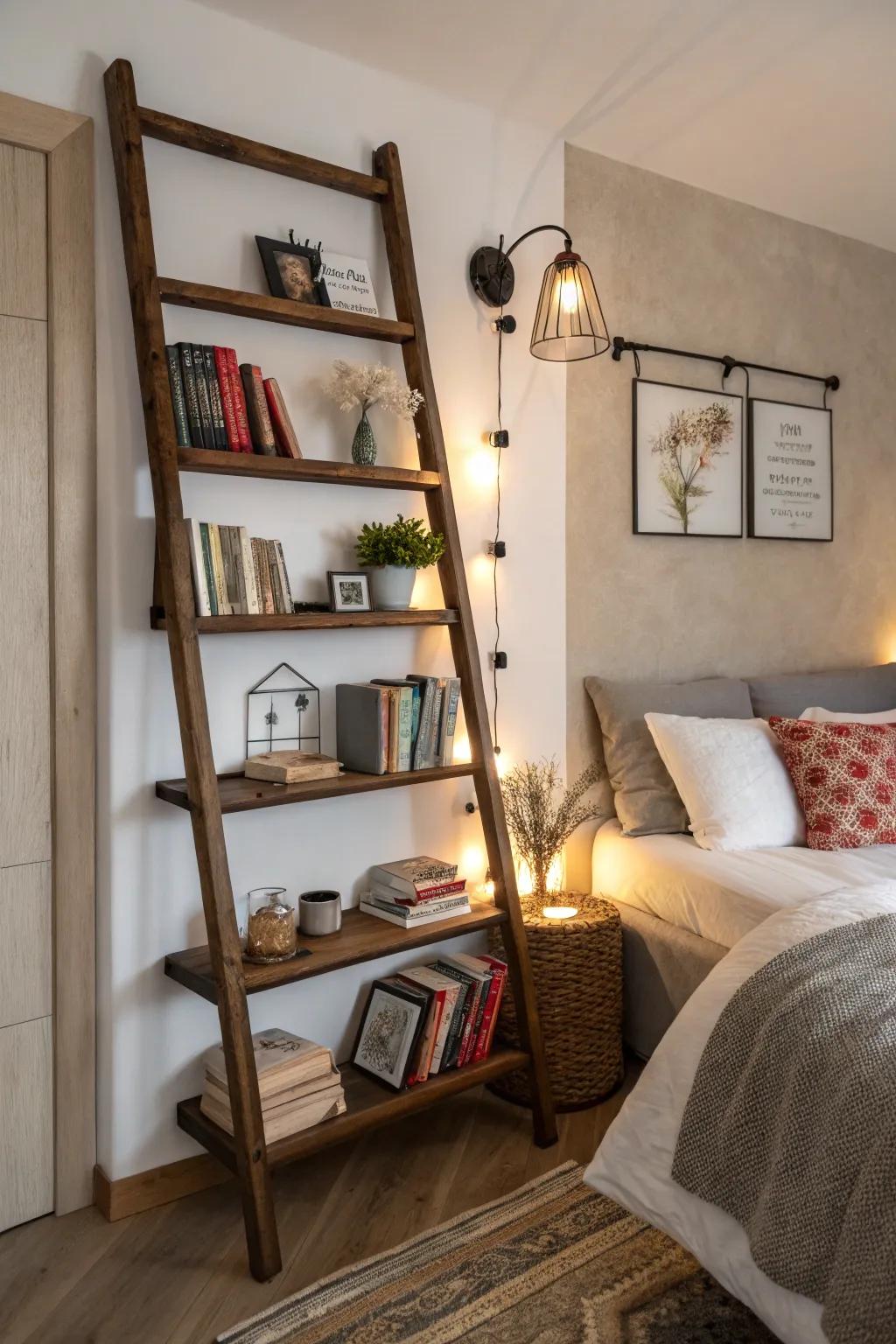 A wall-mounted ladder bookshelf used as a space-saving bedside table.