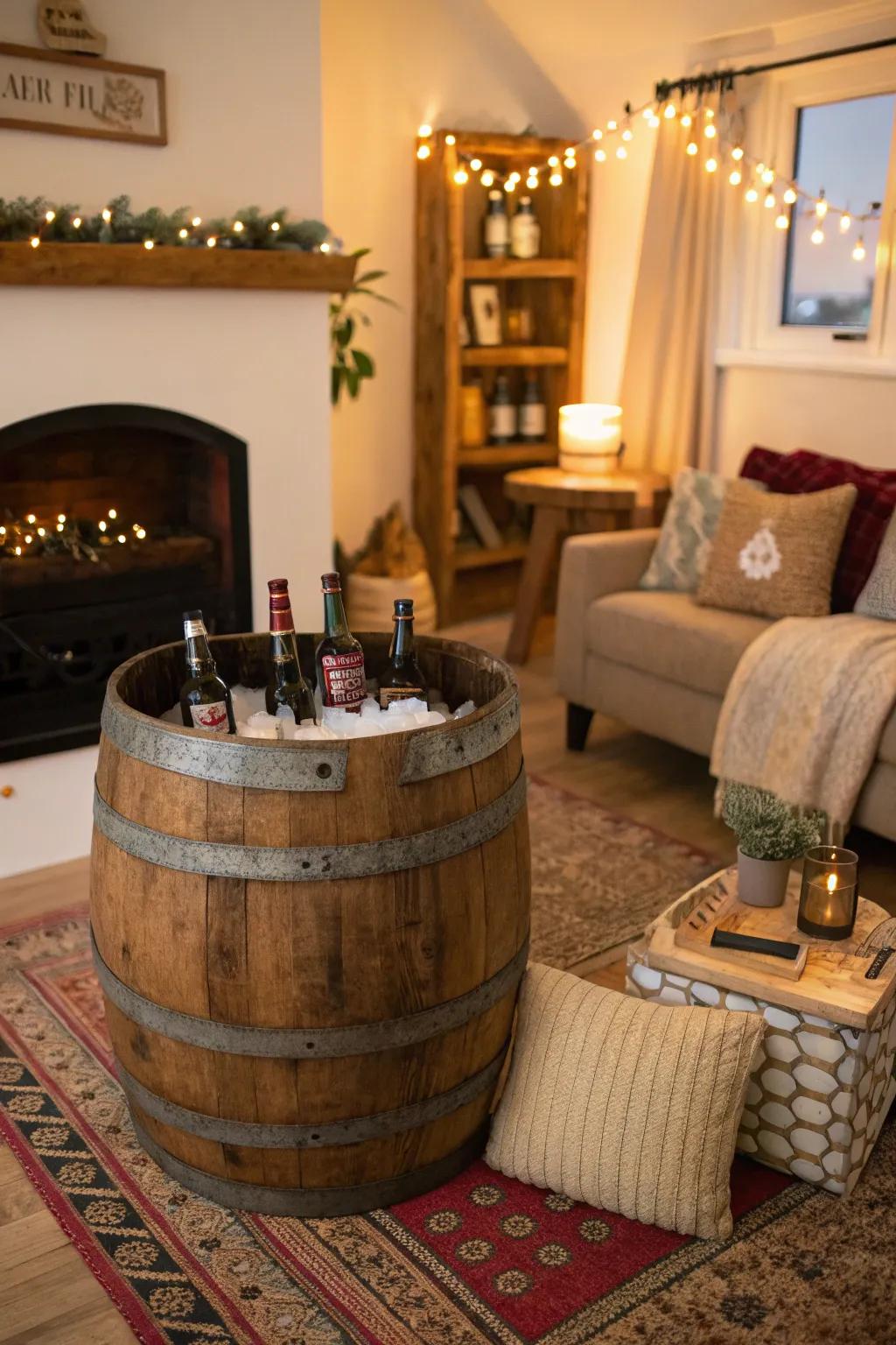 Rustic keg beverage stand creating a cozy ambiance.