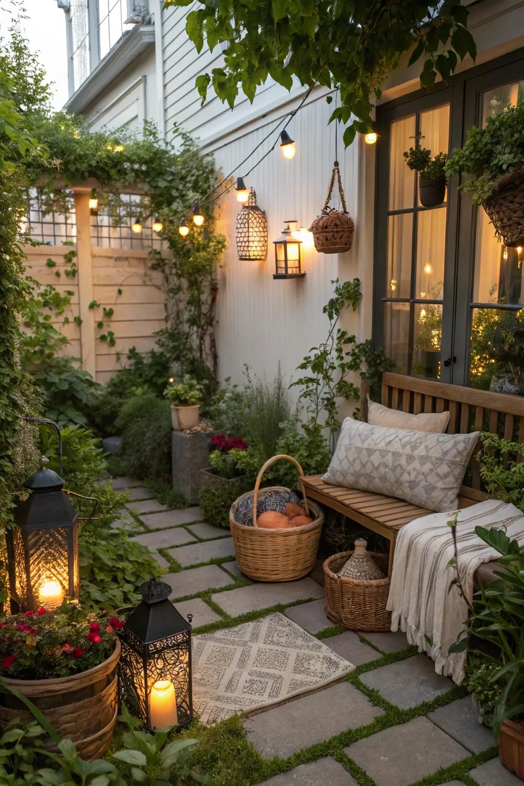 Varied decor items like lanterns and baskets enrich the space.