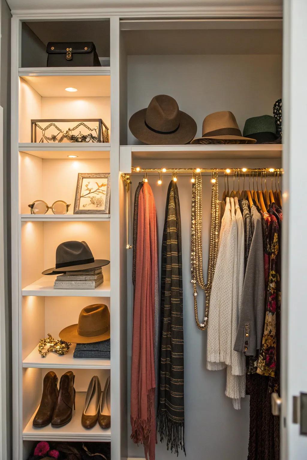 Subtle lighting creates a warm closet environment.