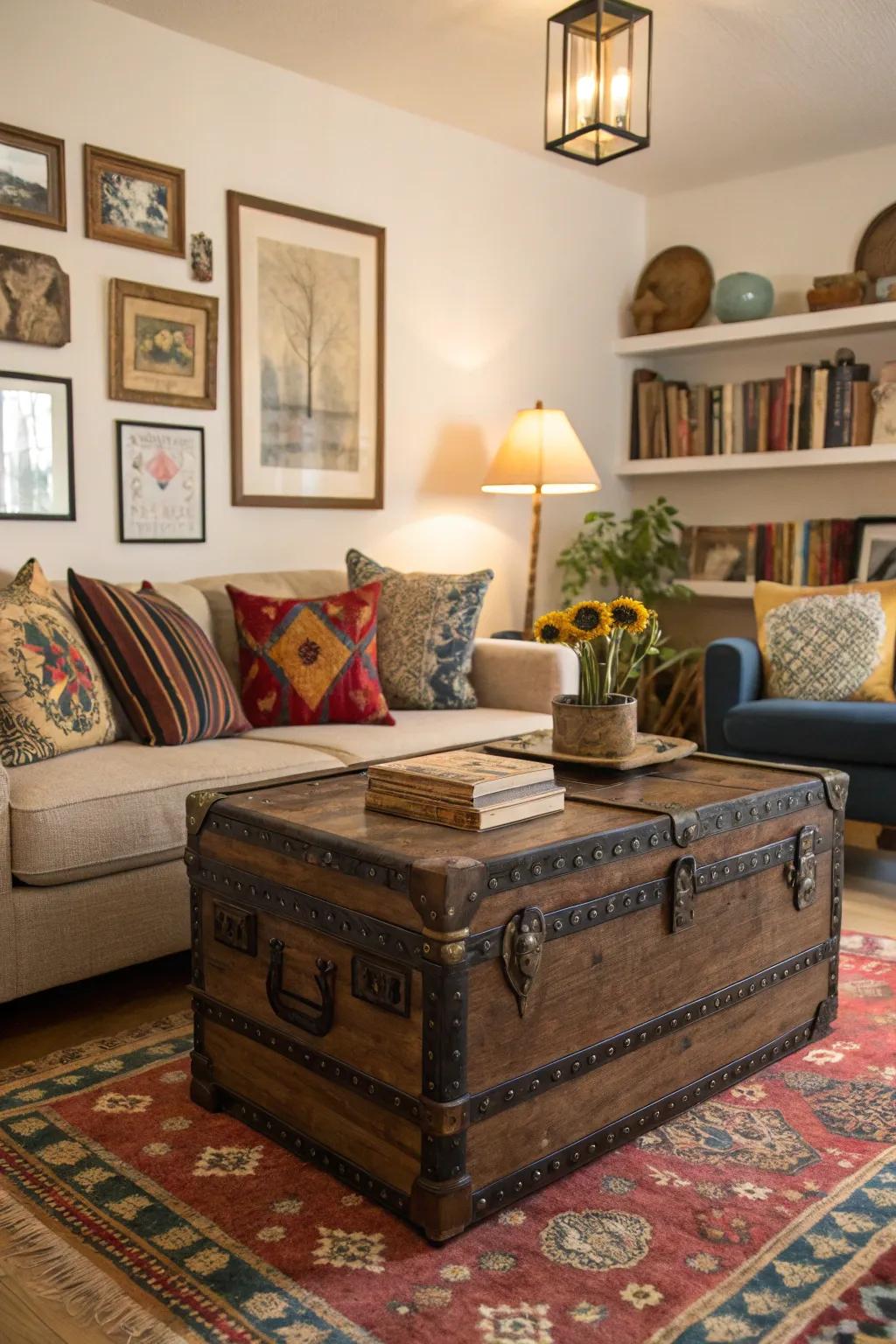 Vintage chests add character and storage to compact areas.