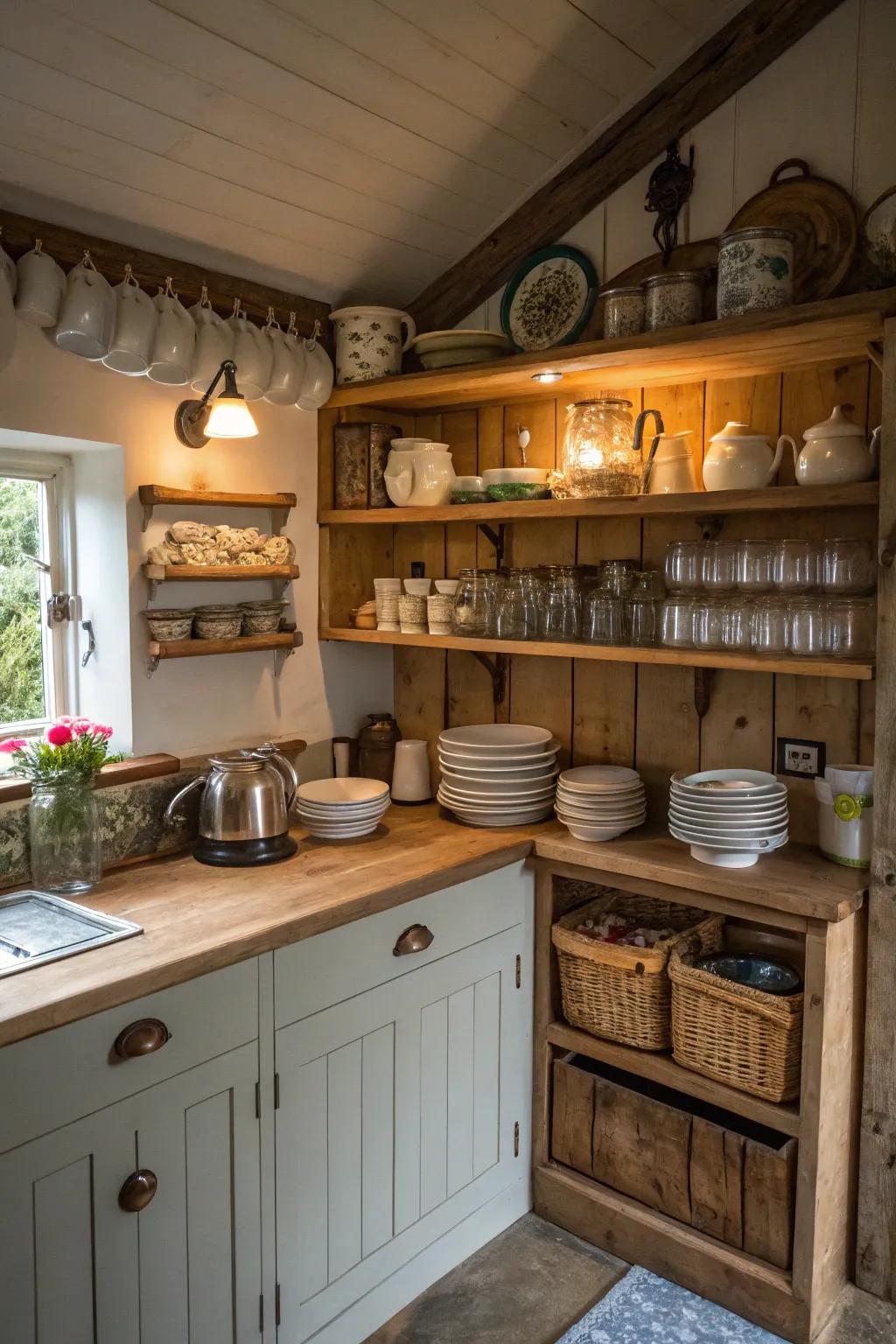 Exposed shelving combines both elegance and utility in this cottage kitchen.