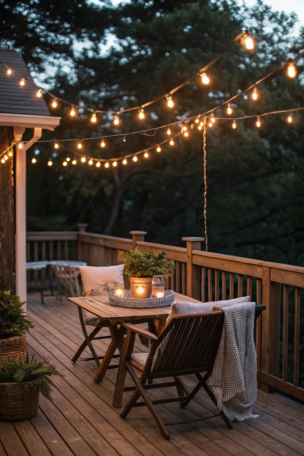 String lights generate a cozy and appealing environment as the sun sets.