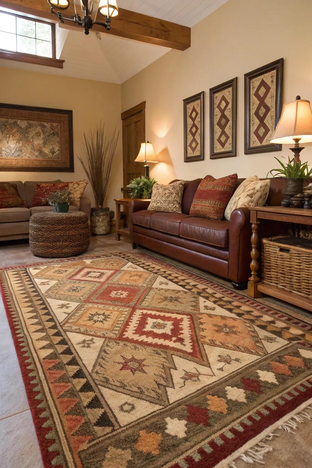 A floor covering defines and warms up the den.