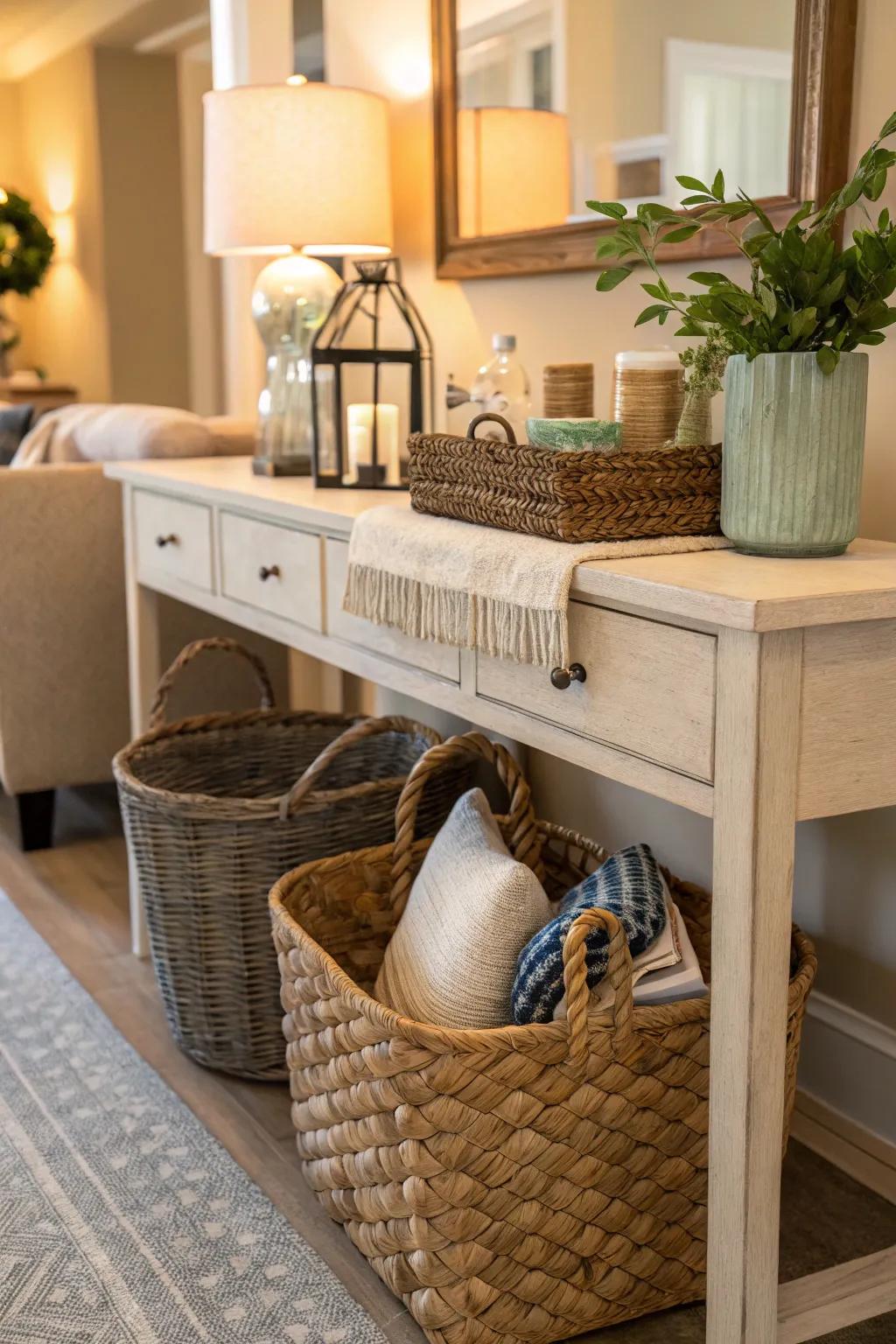 Fashionable containers keep small items arranged and out of view.