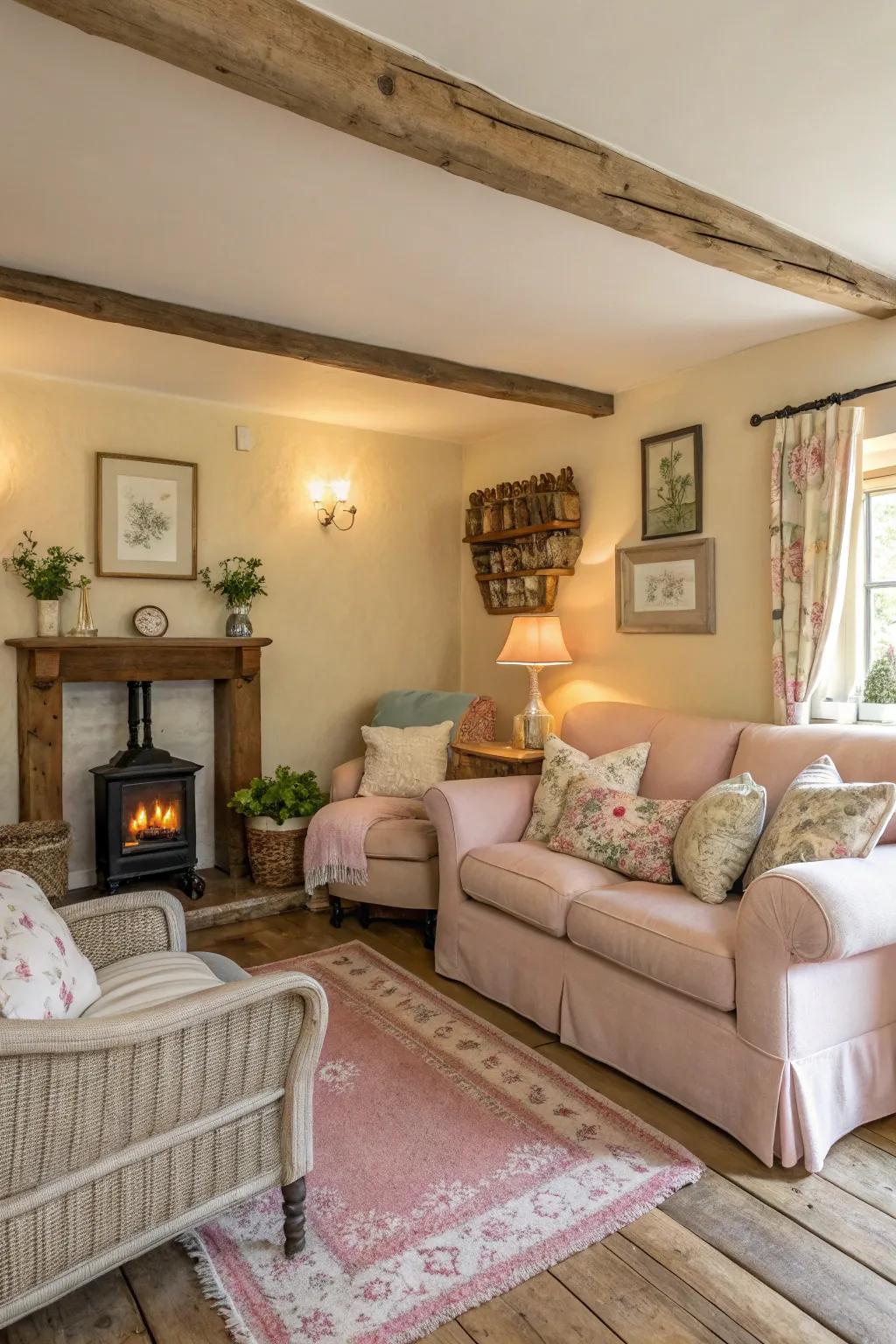 Muted, earthy colors and pastel tones create a tranquil ambiance in this cottage living area.