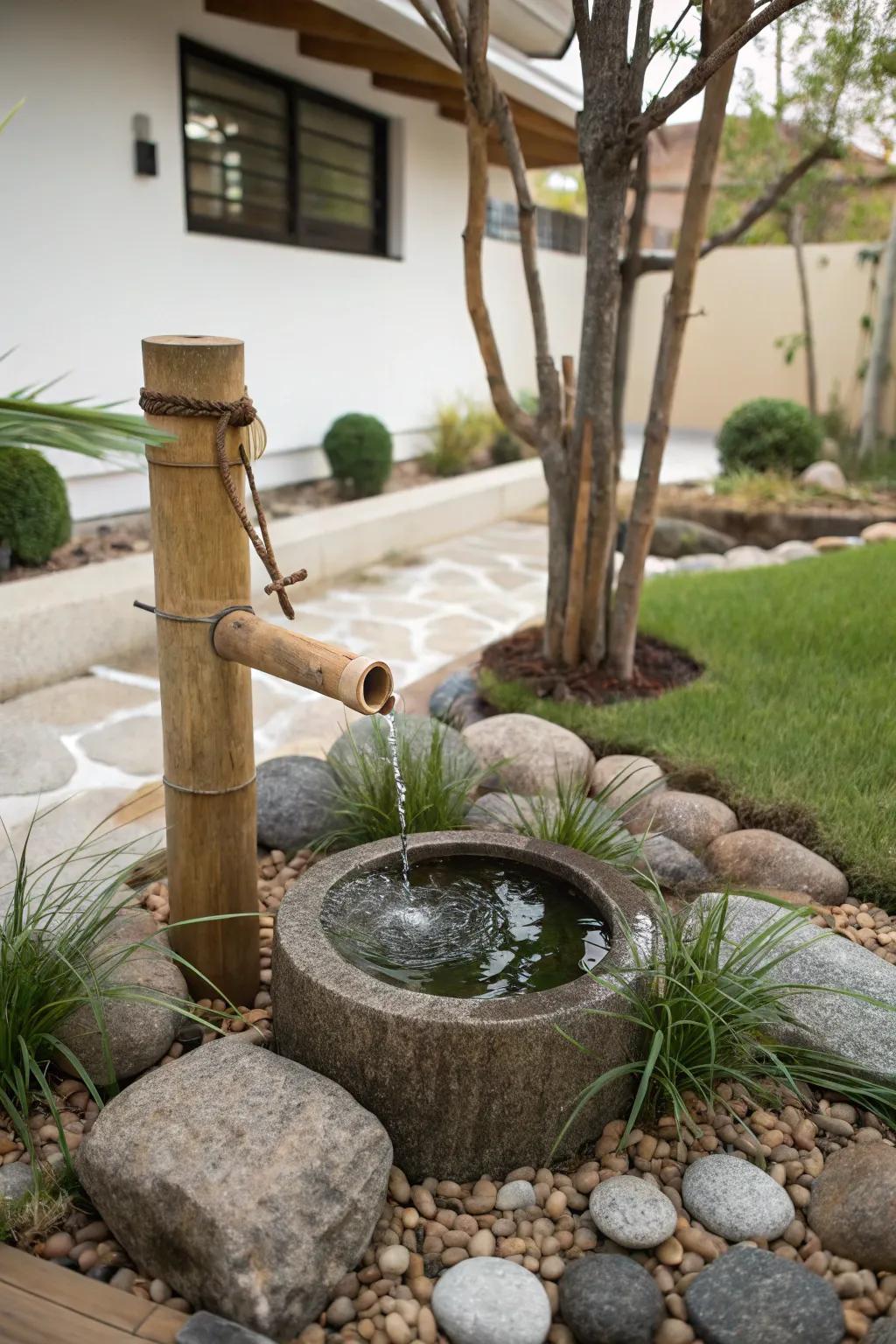 A bamboo fountain adds a Zen-like, meditative touch.