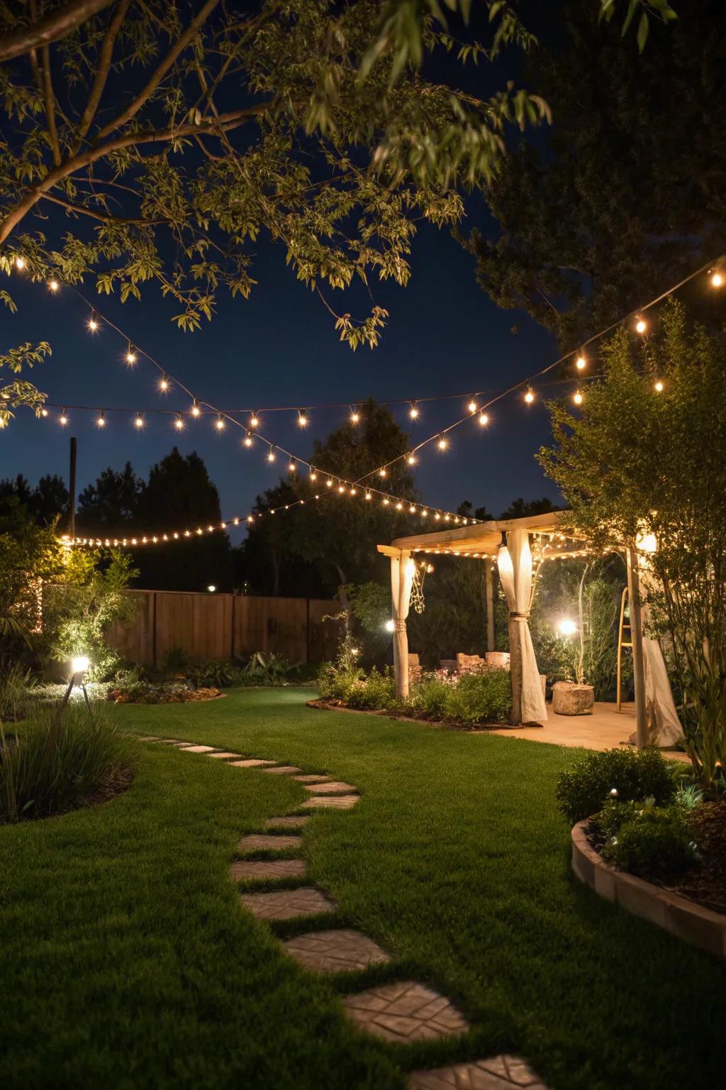 Soft lighting enhancing the ambiance of a synthetic turf garden.