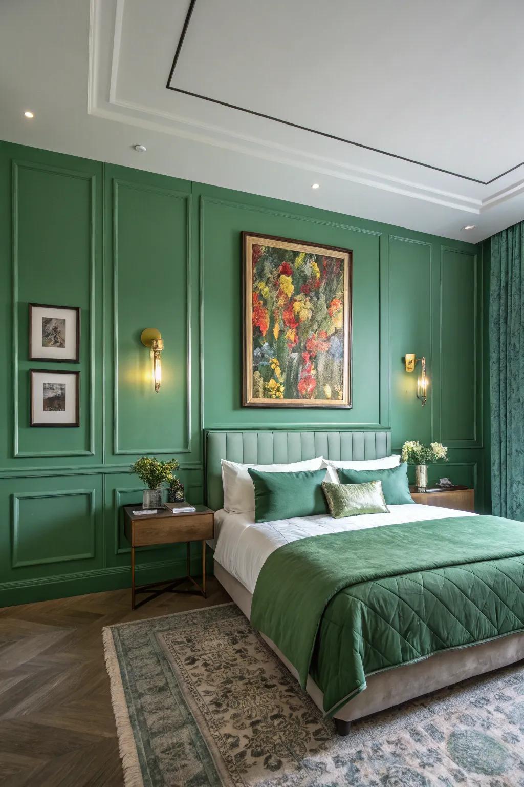 Decorative pieces bring character to a verdant bedroom.