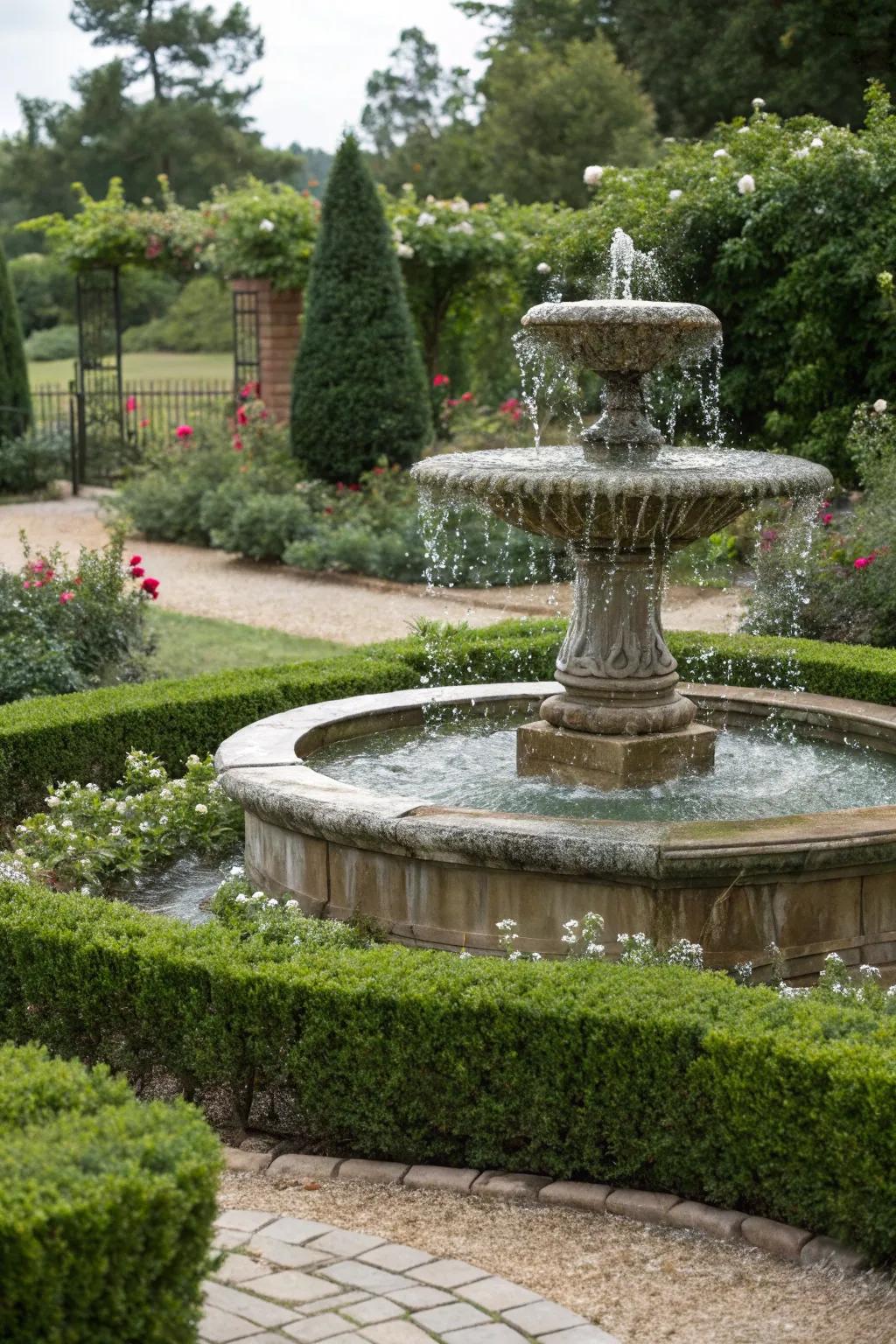 Hedges accentuating a garden fountain for elevated visual appeal.