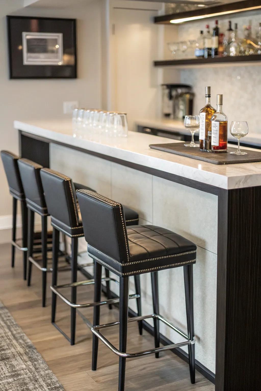 Small seating options keep your home bar section stylish and tidy.