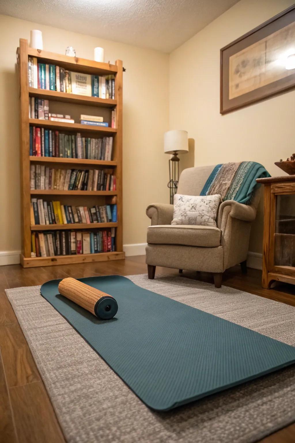 Multi-purpose room combining yoga and reading areas.