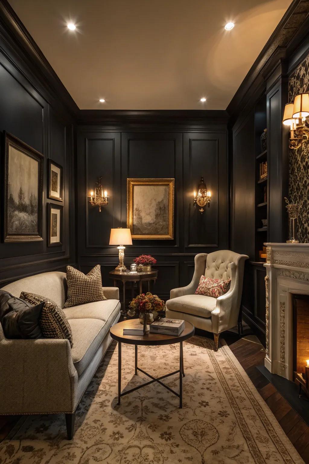 A small living room featuring dark walls to foster an intimate setting.
