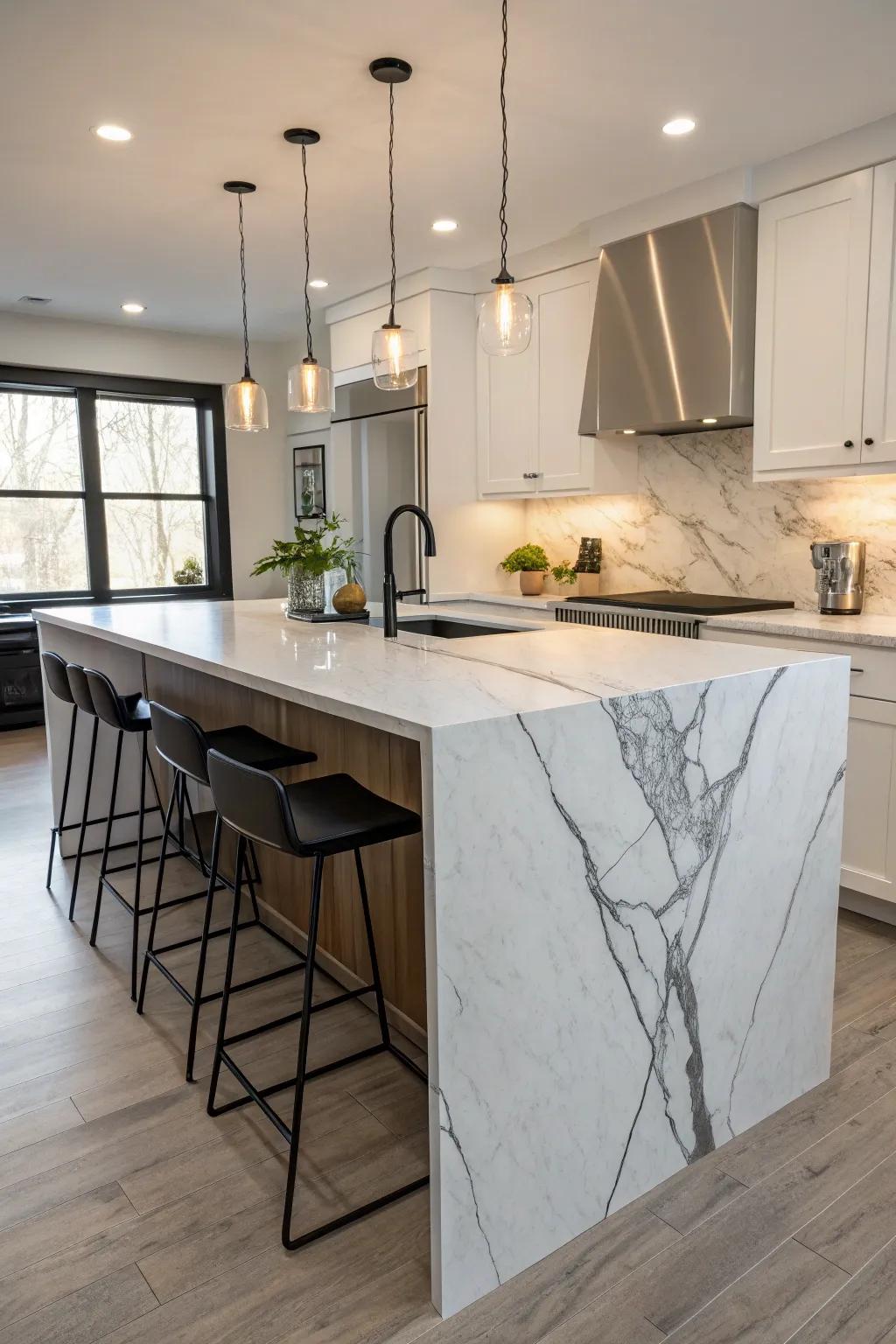 A luxurious waterfall countertop adds elegance to the island.