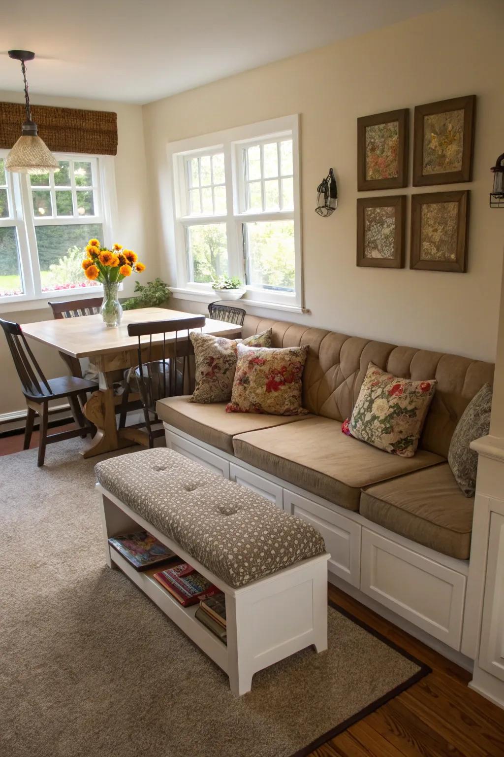 A sectional with a dining bench provides multifunctional seating.