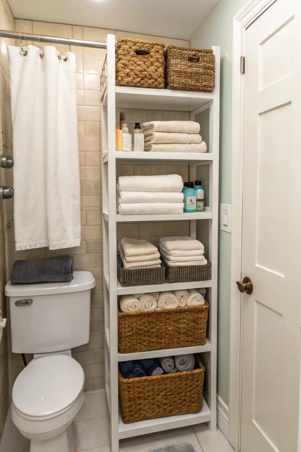 Vertical storage maximizes area while maintaining a neat bathroom.