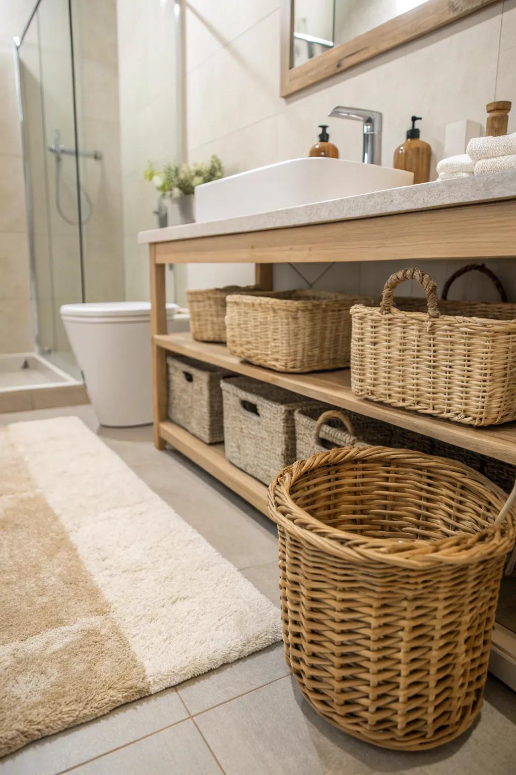 Cozy fabrics add warmth to a modern country bathroom.