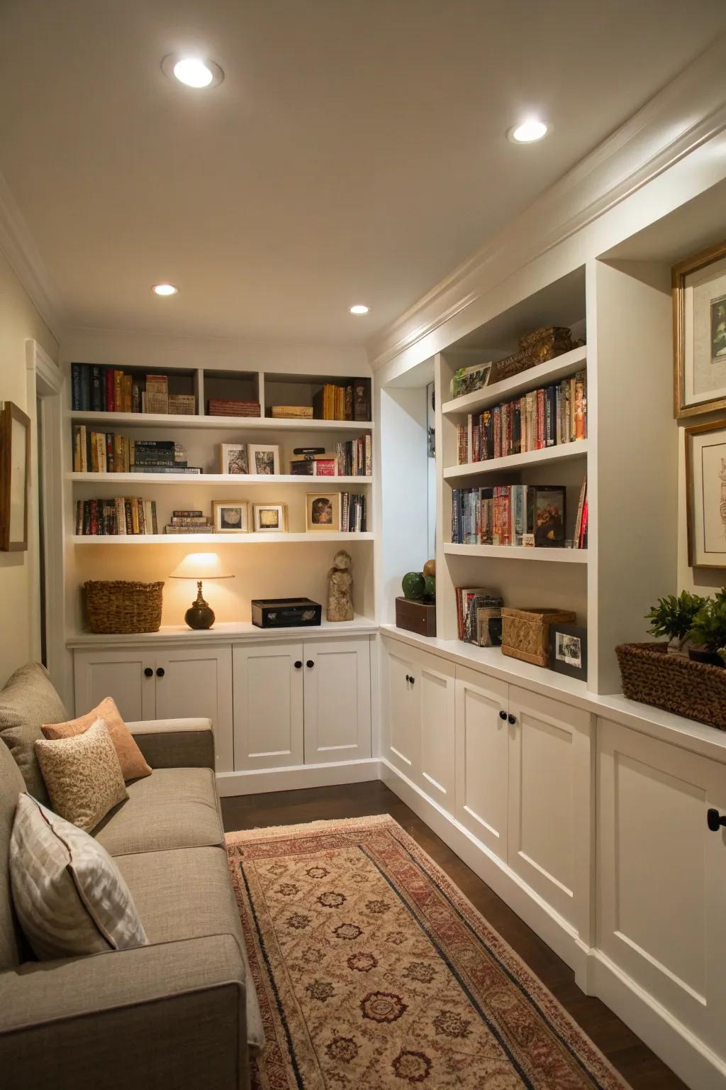 Inset shelving delivers effective storage without encroaching on floor area.