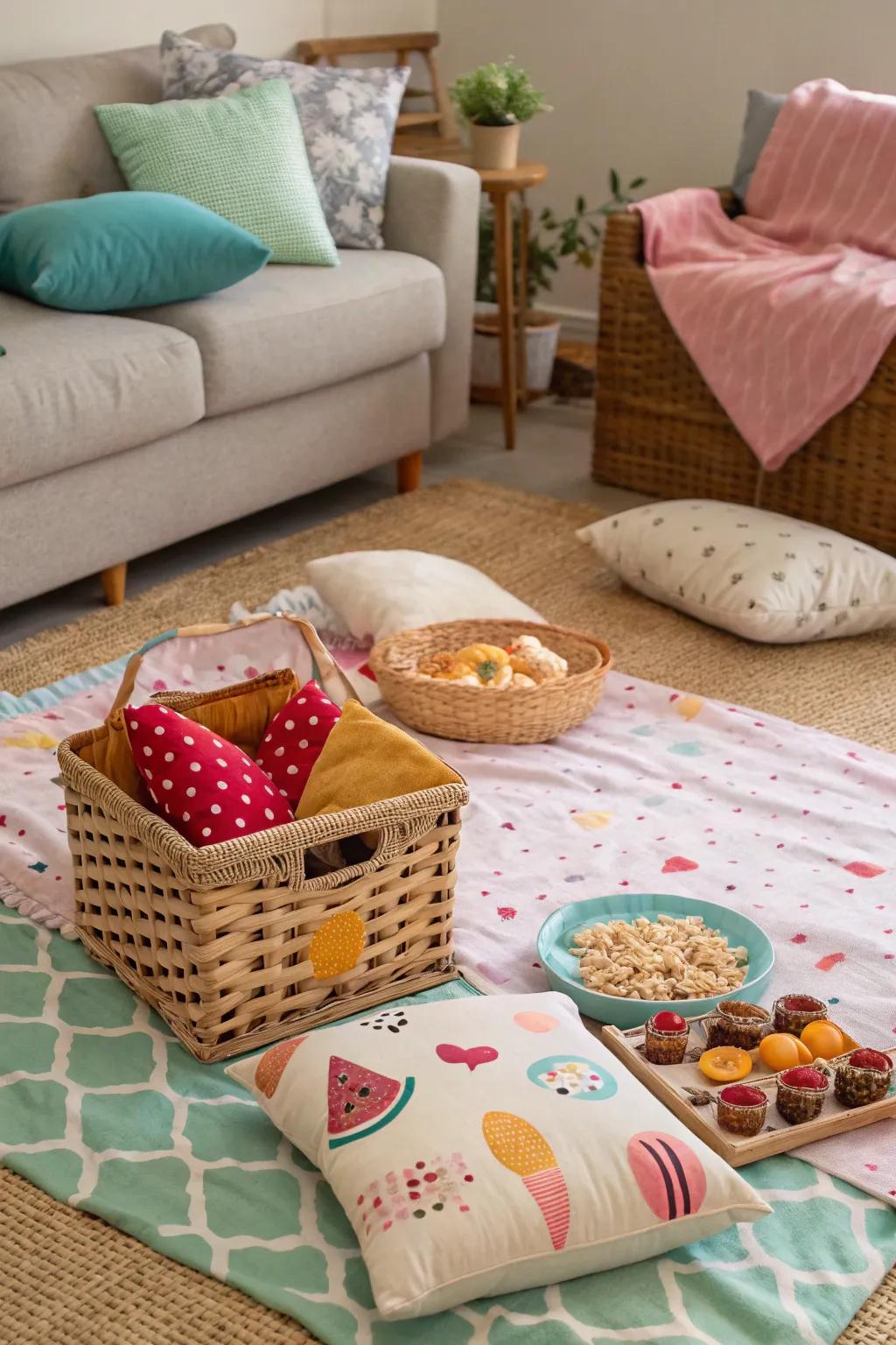 An indoor picnic arrangement with a comfortable blanket and pillows.