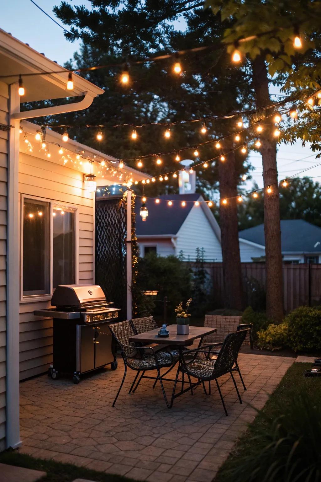 Ambient lighting enhances evening grilling experiences.