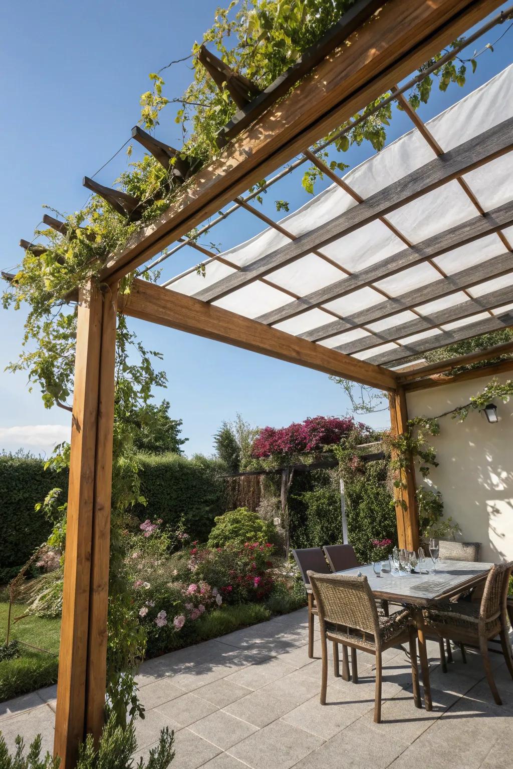 A retractable roof introduces adaptability to a small patio pergola.