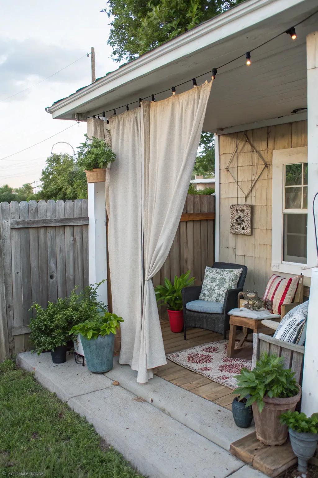 Canvas sheet curtains offer an affordable DIY option for enhancing your porch.