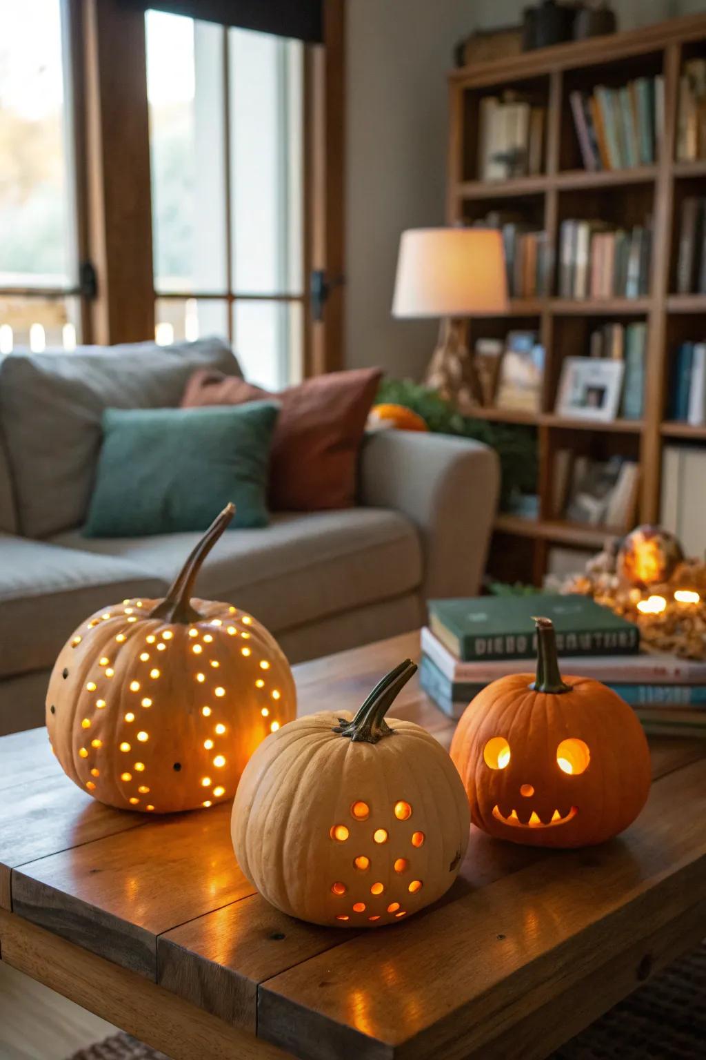 Glowing pumpkins fill the room with warmth and ambiance thanks to cleverly placed string lights.