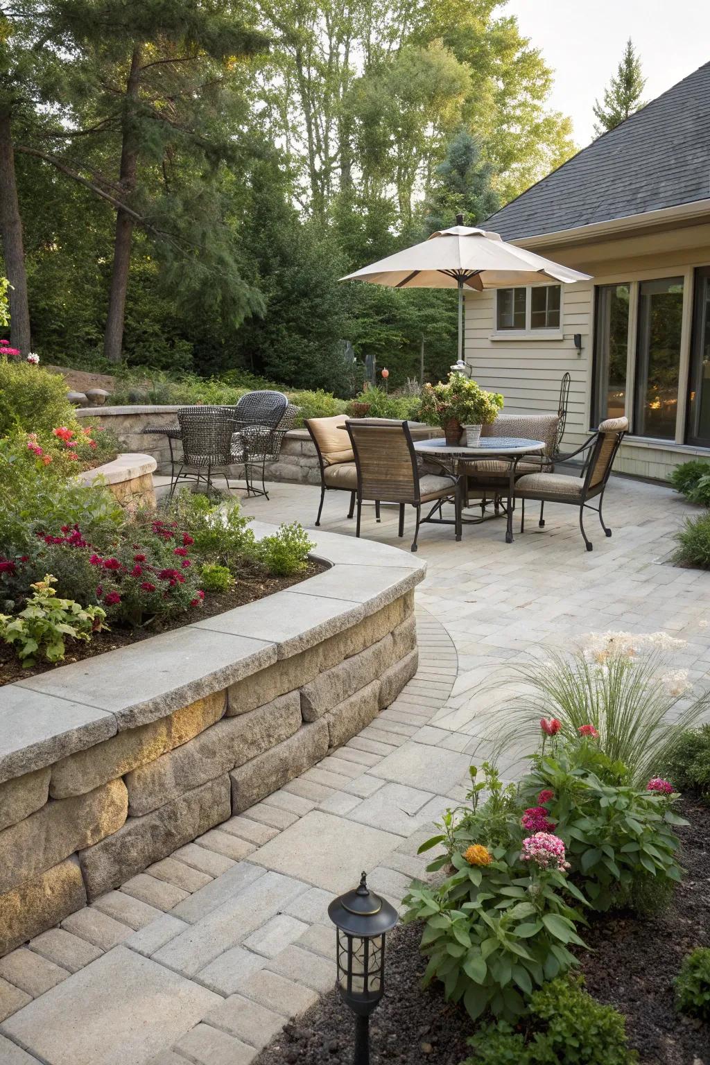 Retaining structures delineate cozy patio spaces for unwinding.