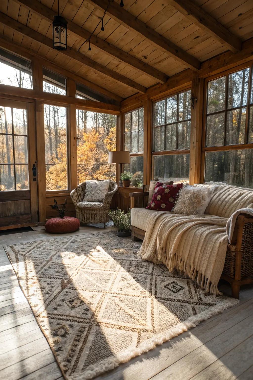 Textured rugs and throws bring warmth and charm to this sunroom.