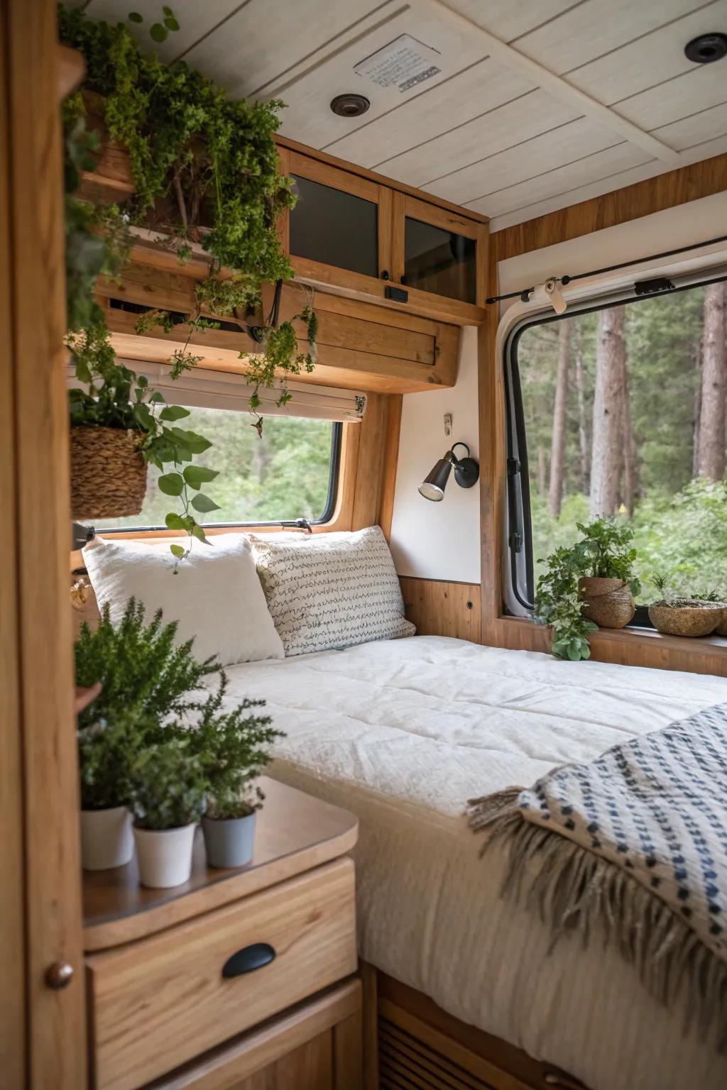 Natural elements like wood and plants bring a sense of calm to your RV bedroom.