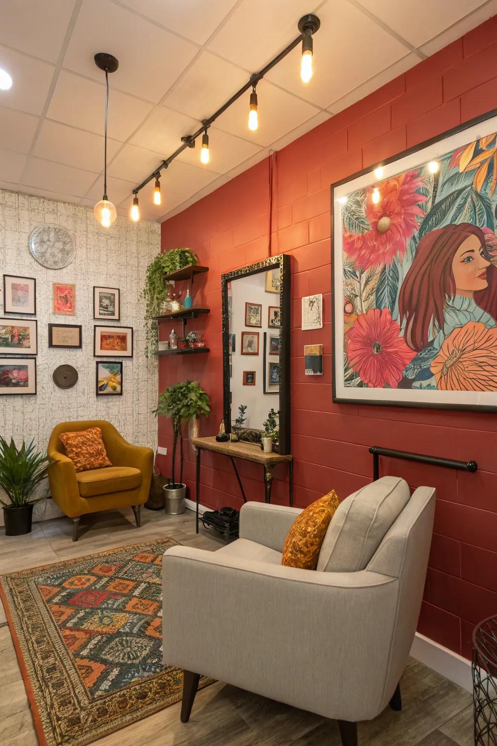 Prominent details that enrich a small salon area.