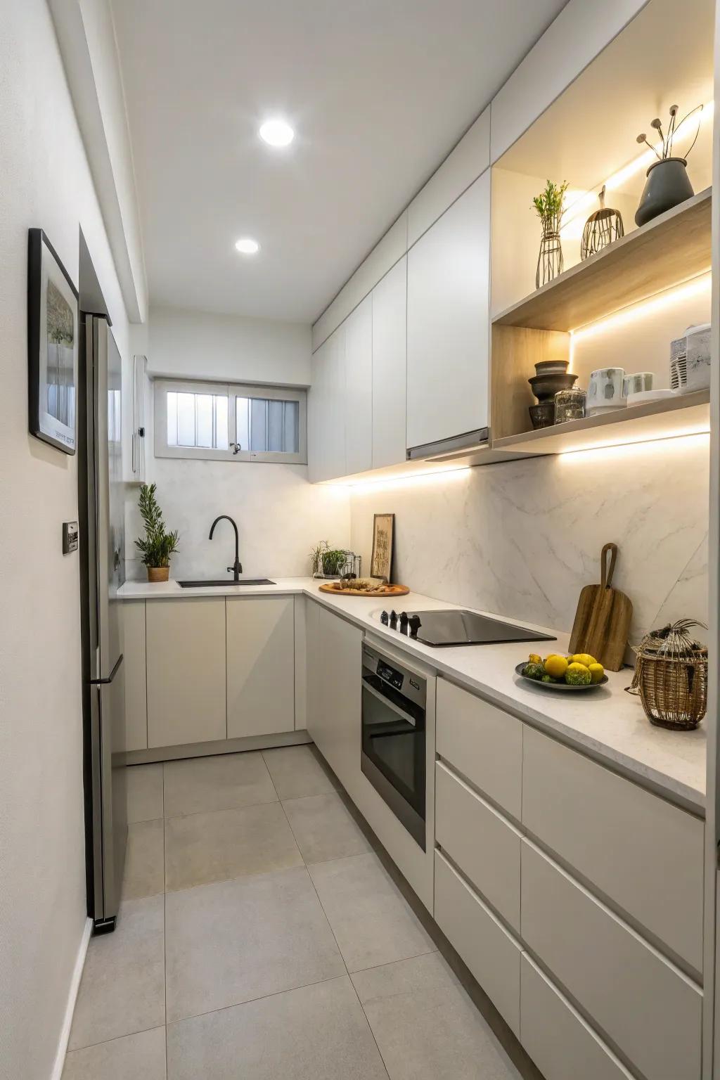 Minimalist design keeps a small kitchen stylish and uncluttered.