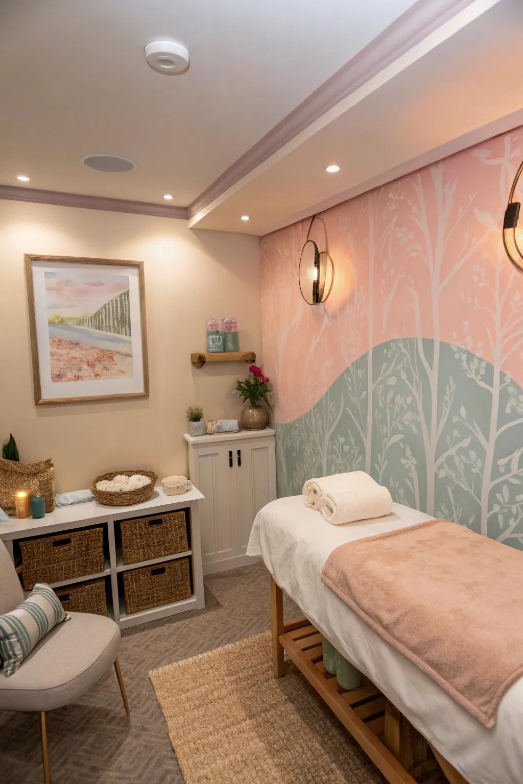 Statement wall with gentle colors in a spa room