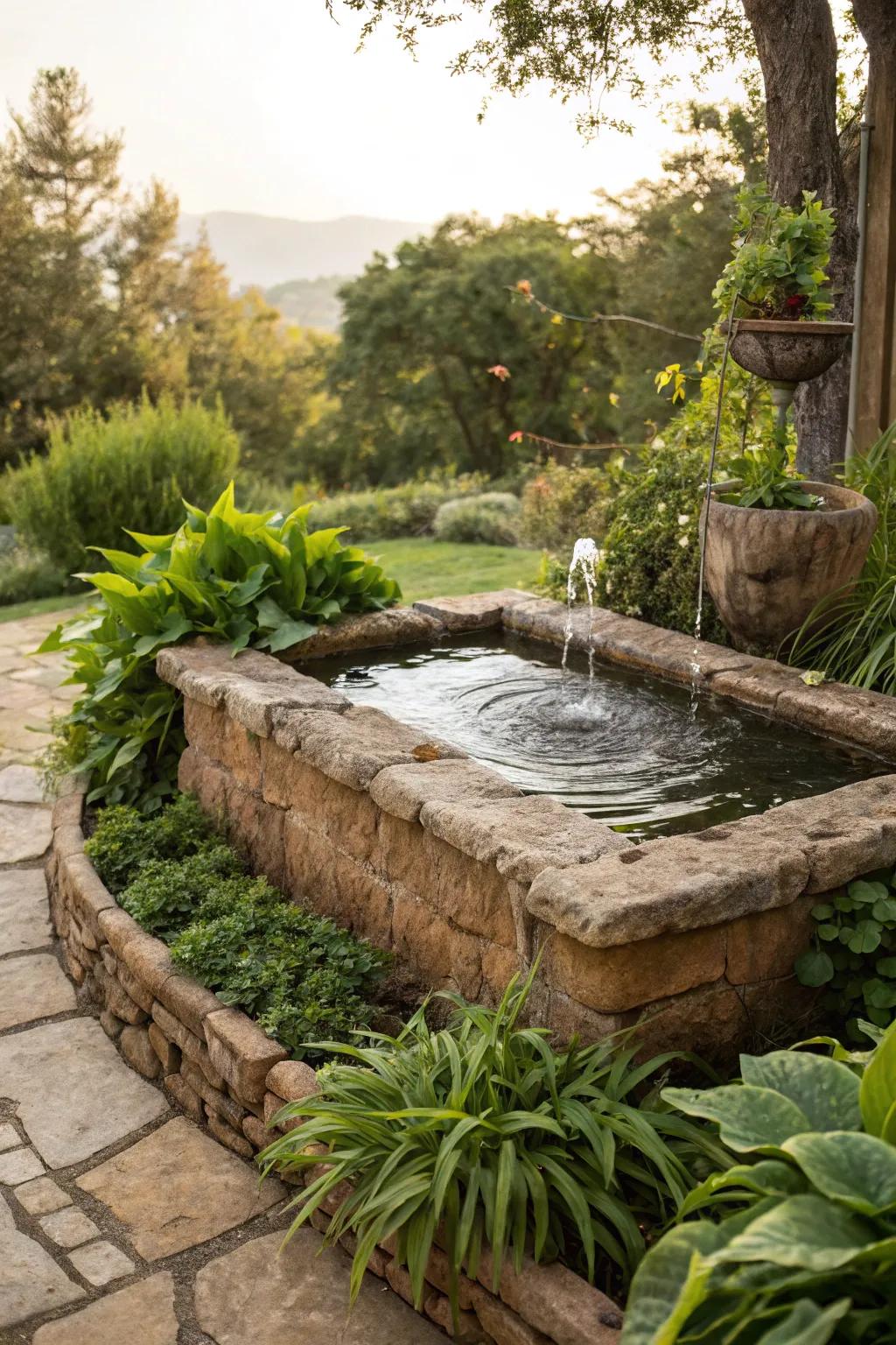 A beautifully bordered water feature with rustic rock accents.