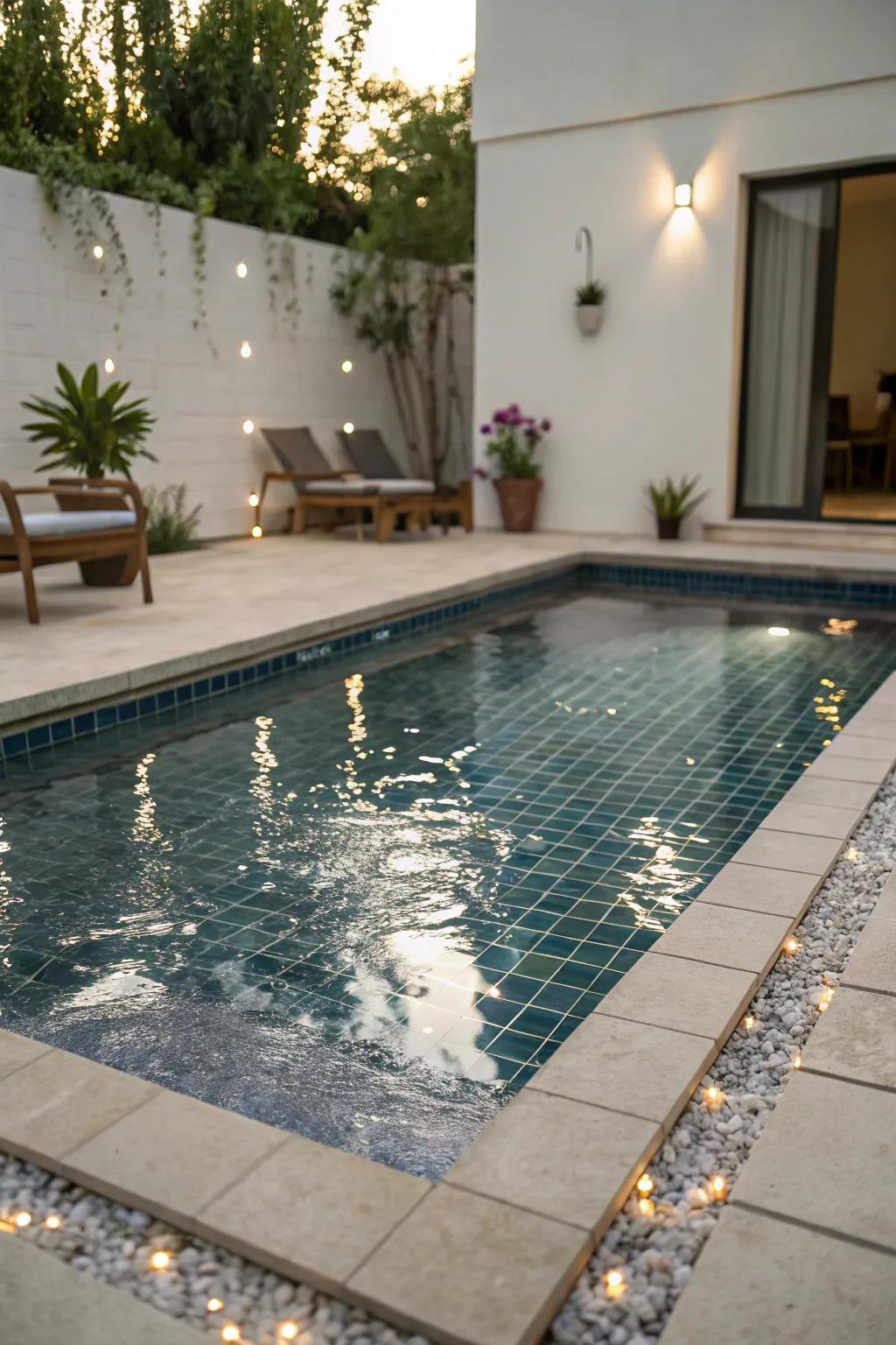 Shimmering finish add sparkle to small pools.