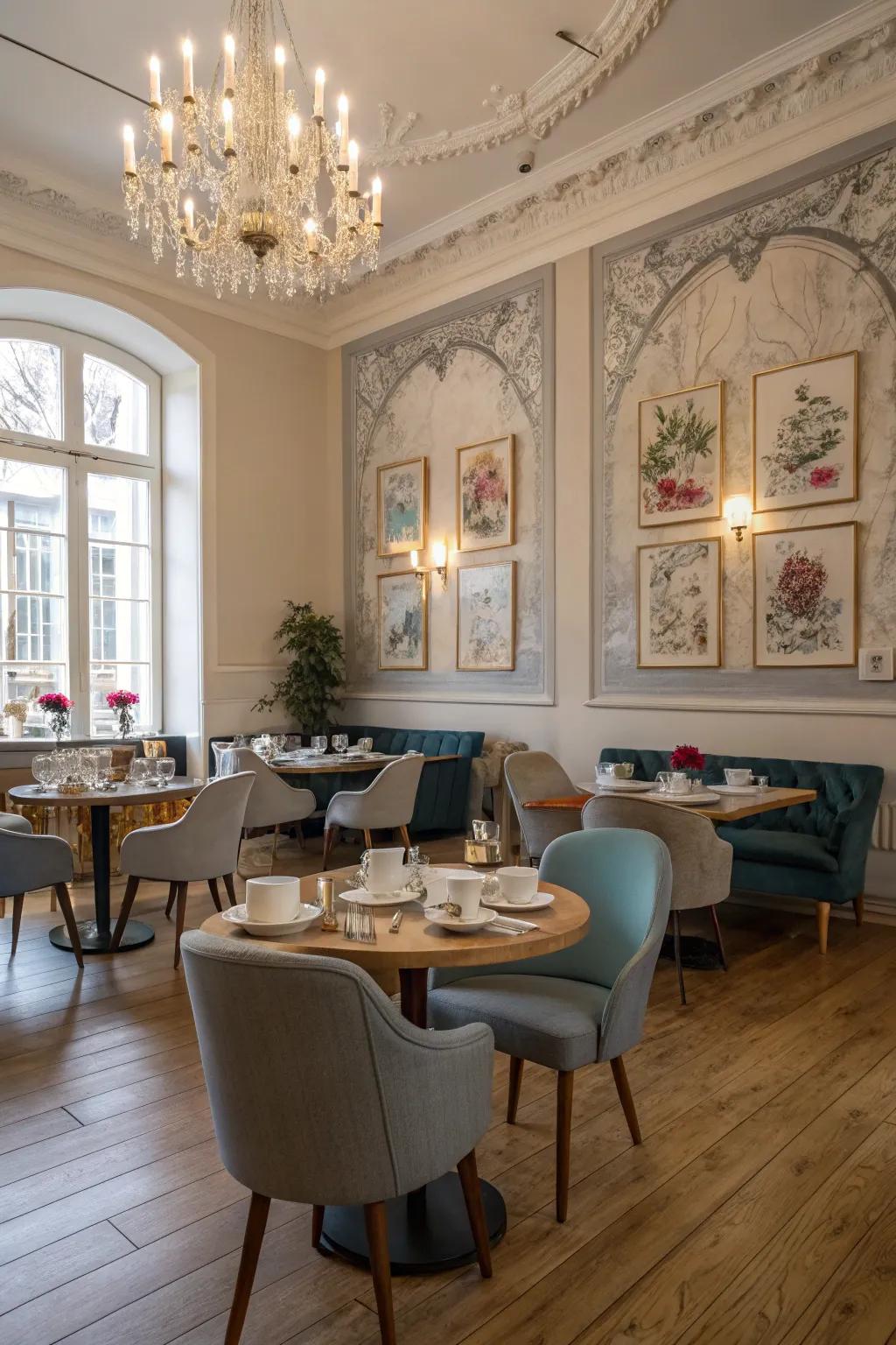 Varied art adds personality to your tea room.