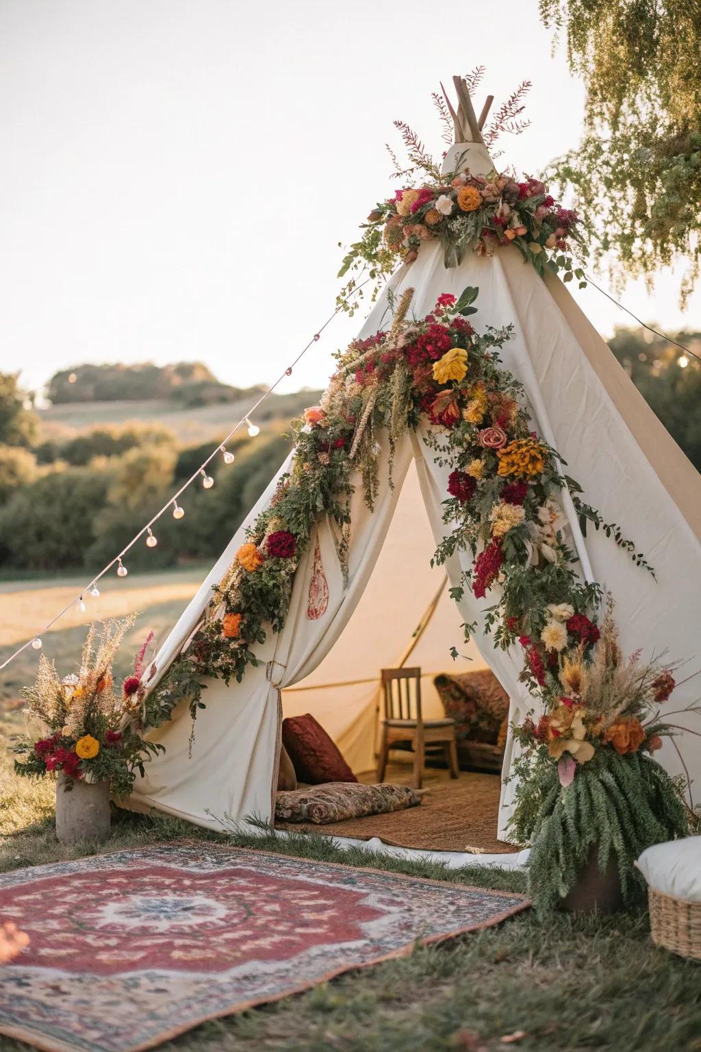 Tent decorated with charming floral accents.