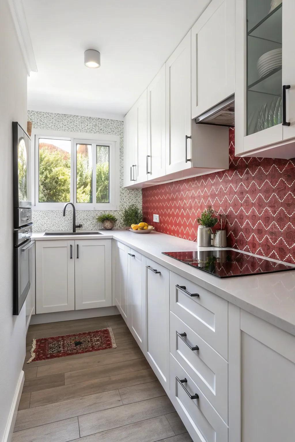 A contrasting backsplash enhances depth in a white kitchen.